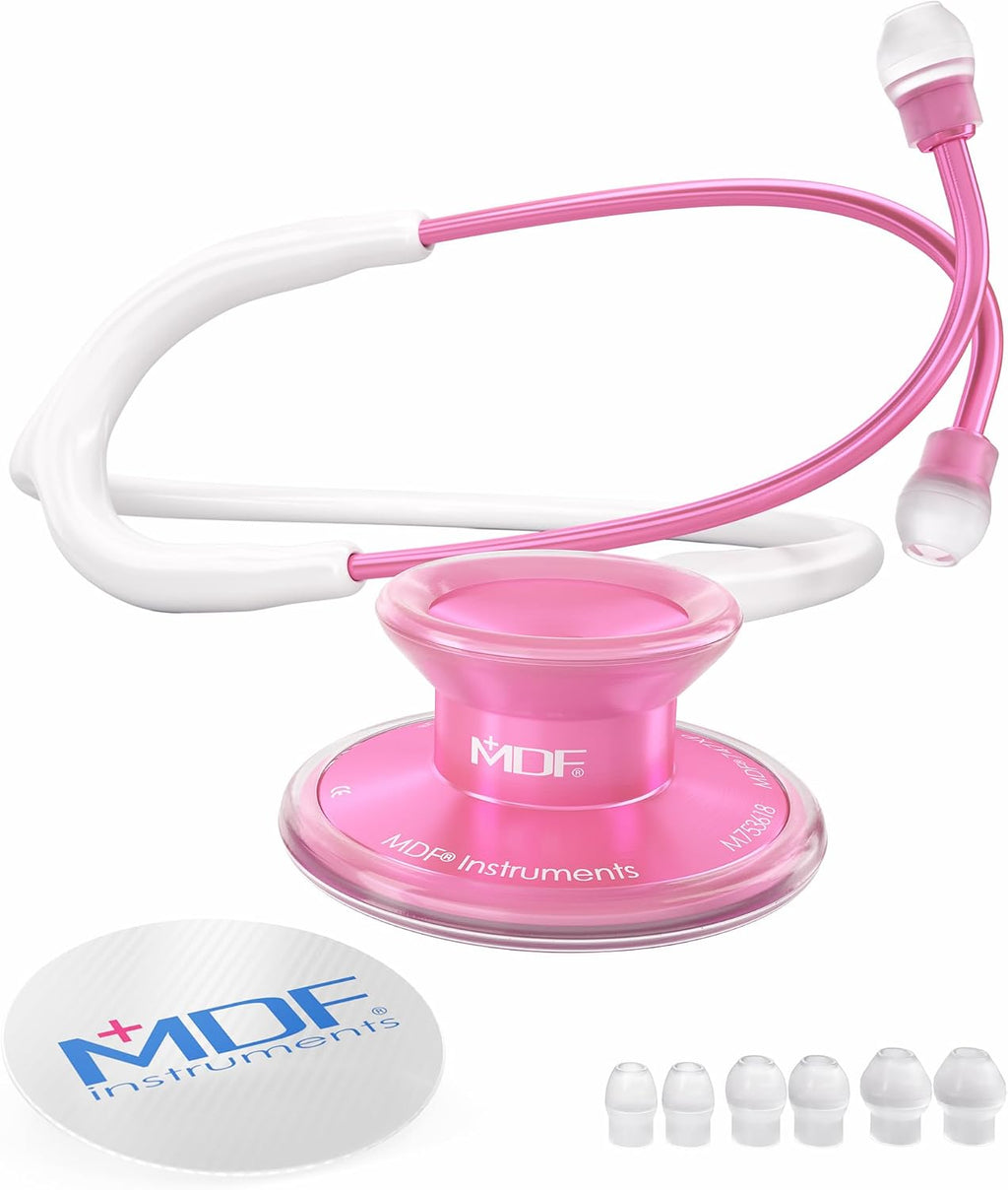 Acoustica Lightweight Stethoscope for Doctors, Nurses, Students, Home Health Use, Adult, Dual Head, White Tube, Pink Pinkore Chestpiece-Headset, MDF747XPPO29